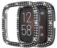 Miimall blizgantis dėklas su rhinestones, kietas pc apsauginis smūgiams atsparus įbrėžimams atsparus bling diamond bumper dėklas, skirtas Fitbit Versa 2 - juodas