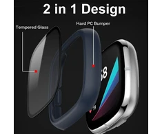 Miimall dėklas, suderinamas su Fitbit Versa 3 / Sense, su stikliniu ekrano apsaugos elementu, itin plonas kompiuterio apsauginis dėklas, pilna apsauga nuo įbrėžimų, ekrano apsaugos elementas, apsauginis dėklas, skirtas Fitbit Versa 3 / Sense (mėlynas)
