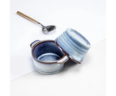 Mini Cocotte porcelianinis keramikinis troškinimo indas su dangčiu, tinkamas naudoti orkaitėje, 4 dalių rinkinys, 230 ml, Creme Brulee dubenėliai sriubos puodeliai su rankenomis sufle, keksiukams, bandelėms - mėlyni