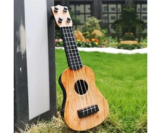 Mini ukulele žaislas vaikams, plastikinis gitaros žaislas, 4 stygos, muzikos instrumentas, realistiškas modelis, 25 x 9 x 2.7 cm, šviesiai ruda