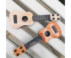Mini ukulele žaislas vaikams, plastikinis gitaros žaislas, 4 stygos, muzikos instrumentas, realistiškas modelis, 25 x 9 x 2.7 cm, šviesiai ruda