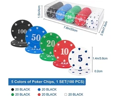 Minisoiso pokerio žetonų rinkinys, 100 vnt., kazino pokerio žetonai, žaidimų žetonai, vertės žetonai, kortos, pokerio žetonai, ruletės žaidimas, bingo žetonai su verte, blackjack rinkinys skaičiavimo žymekliams, kazino pokerio rinkinys
