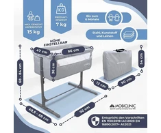 Mobiclinic® vaikiška lovelė, 2 in 1, Moon, tvirtinimo dirželiai prie lovos, 5 reguliuojami lygiai, transportavimo krepšys, su ratukais, kvėpuojantis tinklelis, reguliuojamas kampas, paminkštintas pagrindas