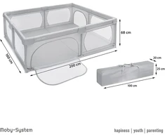 Moby-system maniežas su žaidimų kilimėliu, 200 x 160 cm, sulankstomas kūdikių veiklos centras, neslystantis pagrindas, vandeniui atspari medžiaga, su transportavimo krepšiu, pilkas