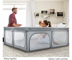 Moby-system maniežas su žaidimų kilimėliu, 200 x 160 cm, sulankstomas kūdikių veiklos centras, neslystantis pagrindas, vandeniui atspari medžiaga, su transportavimo krepšiu, pilkas