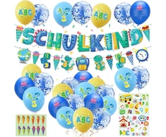 Mokyklos dekoracija berniukui, pirmosios dienos mokykloje dekoracijų rinkinys su vaiko mokykloje baneriu + girlianda su saldainių maišeliu Abc 123 motyvu + 22 lateksiniai balionai + 3 pirmosios dienos mokykloje lipdukai, mėlyna dekoracija pirmam kartui