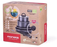 Moneta Gea Minispace 6 dalių rinkinys su nuimama rankena, 100% perdirbtas aliuminis, taip pat tinka indukcijai. Pagaminta Italijoje
