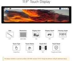 Monitorius Waveshare 11.9 colių ips capacitive jutiklinis valdymo skydelis ekranas, suderinamas su raspberry pi 4b/3b+/3a+ 320×1480 rezoliucijos dsi sąsajos lcd