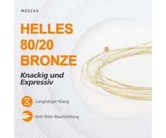 Moozak akustinės gitaros stygos 80/20 bronza, light gauge 12-53, patvarios ir ryškios plieninės stygos, papildomos 1-oji ir 2-oji stygos, 3 mediatoriai įtraukti - ideali dovana ir visiems muzikantams