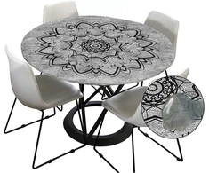 Morbuy lauko staltiesė, apvali, 120 cm, elastinga, skalbiama, atspari vandeniui, vandens atstūmimo efektas, pilka mandala sodo staltiesė, idealiai tinka 100–110 cm stalams