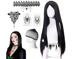 Morticia Addams perukas, 6 perukų rinkinys, ilgi juodi moteriški, ilgas juodas perukas, tiesus juodas perukas, ilgas juodas tiesus perukas, ilgas gotikinis perukas (70 cm), karnavalo cosplay vakarėliui