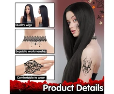 Morticia Addams perukas, 6 perukų rinkinys, ilgi juodi moteriški, ilgas juodas perukas, tiesus juodas perukas, ilgas juodas tiesus perukas, ilgas gotikinis perukas (70 cm), karnavalo cosplay vakarėliui