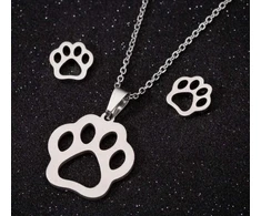 Moteriškas Komplektas Vėrinys ir Auskarai Šuns Katės Letena Sidabrinis Rinkinys