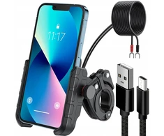 Motociklinis telefono laikiklis su usb įkrovikliu 12/24v + usb typ-c kabelis 20cm