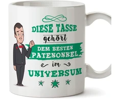 Mugffins puodelis krikštatėviui su vokišku tekstu "bester Patenonkel im Universe" (geriausias krikštatėvis visatoje). Gražus ir juokingas kavos puodelis kaip dovana krikštatėviui, keraminis, 350 ml