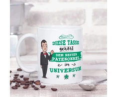 Mugffins puodelis krikštatėviui su vokišku tekstu "bester Patenonkel im Universe" (geriausias krikštatėvis visatoje). Gražus ir juokingas kavos puodelis kaip dovana krikštatėviui, keraminis, 350 ml