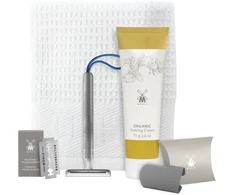 Mühle Companion 5 dalių skutimosi rinkinys - unisex saugos skustuvas su mėlyna virvele, peiliukas, kremas, audinys - veganiškas, tvarus