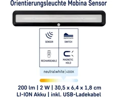 Müller-licht Mobina Sensor 30 led šviestuvas su baterija, orientacinis šviestuvas, naktinė lemputė, 30 cm ilgio, neutrali balta šviesa 4000 K, 2 W, įkraunamas usb, lipnus, juodas
