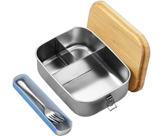 Mumisuto bento priešpiečių dėžutė, 1200 ml nerūdijančio plieno priešpiečių dėžutė, bento dėžutė su 3 skyriais, metalinė priešpiečių dėžutė su mediniu dangteliu, priešpiečių dėžutė, pusryčių dėžutė į mokyklą ir ekskursijas, priešpiečių dėžutė suaugusiems