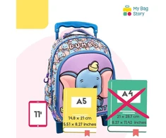 Mybagstory - kuprinė mergaitėms Dumbo - Disney - vaikams - į mokyklą - darželis - mokyklinė kuprinė - reguliuojami dirželiai - dovanos idėja - 30 cm - su ratukais - vežimėliai - violetinė/mėlyna/rožinė, Dumbo – violetinė/mėlyna/rožinė – 30