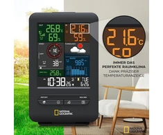 National Geographic belaidė meteorologijos stotis su lauko jutikliu, 5-in-1 spalvotas meteorologijos centras su lauko jutikliu temperatūrai, drėgmei, oro slėgiui, vėjo matuokliu ir lietaus matuokliu, juodas