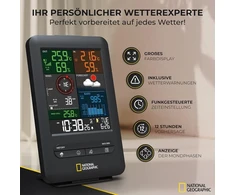 National Geographic belaidė meteorologijos stotis su lauko jutikliu, 5-in-1 spalvotas meteorologijos centras su lauko jutikliu temperatūrai, drėgmei, oro slėgiui, vėjo matuokliu ir lietaus matuokliu, juodas
