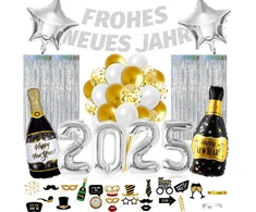Naujųjų metų išvakarių dekoracija 2025 xxl, naujųjų metų dekoracija, "happy New Year" girlianda, 2025 folinis balionas, rekvizitai nuotraukoms, blizgučių užuolaida, auksiniai ir balti balionai naujųjų metų išvakarių 2025 vakarėlio dekoracijai sidabro spal