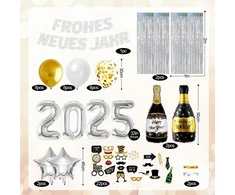 Naujųjų metų išvakarių dekoracija 2025 xxl, naujųjų metų dekoracija, "happy New Year" girlianda, 2025 folinis balionas, rekvizitai nuotraukoms, blizgučių užuolaida, auksiniai ir balti balionai naujųjų metų išvakarių 2025 vakarėlio dekoracijai sidabro spal