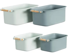 Navaris 4 x dėžė su medine rankena - plastikinė dėžė daiktams laikyti - konteineris voniai, virtuvei