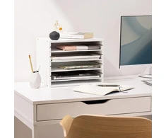 Navaris dokumentų dėklas, bambukas - 33 x 26 x 24.5 cm, stalo organizatorius - medinė lentyna, 5 skyriai - biuro saugojimo sistema - balta