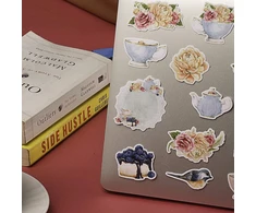 Navy Peony Classy Tea Party lipdukai (31 vnt.) | mėlyni maisto ir gėlių lipdukai vandens buteliams | mieli lipdukai scrapbooking'ui ir dienoraščiams | vandeniui atsparūs lipdukai nešiojamiems kompiuteriams