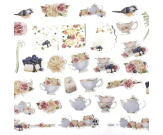 Navy Peony Classy Tea Party lipdukai (31 vnt.) | mėlyni maisto ir gėlių lipdukai vandens buteliams | mieli lipdukai scrapbooking'ui ir dienoraščiams | vandeniui atsparūs lipdukai nešiojamiems kompiuteriams