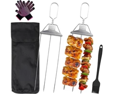 Nerūdijančio plieno iešmai, 2 kebabų iešmų rinkinys, ilga pusiau automatinė grilio šakė iš nerūdijančio plieno, trišakė grilio šakė iš nerūdijančio plieno, skirta mėsai, daržovėms, duonai