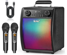 Muzikinis centras Nešiojama karaoke sistema su 2 belaidžiais mikrofonais ir Led apšvietimu