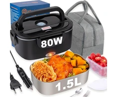 Nifogo Elektrinis maisto dėžutė 80 W automobiliui/sunkvežimiui/biurui, šildoma maisto dėžutė 12 V/24 V/230 V, elektrinė maisto dėžutė su 1,5 l išimamu nerūdijančio plieno indeliu ir kišenėmis (juoda)