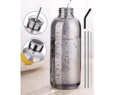 Nihome 750 ml stiklinis gėrimo butelis su 2 dangteliais ir nerūdijančio plieno šiaudeliu, patvarus borosilikatinio stiklo indas biurui, sporto salei, mokyklai ir namams (pilkas)