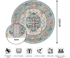 Nyescasa apvalus kilimas 120 cm Vintage Boho Mandala kilimas svetainei, skalbiamas, neslystantis, minkštas trumpo plauko apvalus kilimas miegamajam, vaikų kambariui, lauko, smėlio spalvos/mėlynas