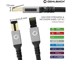 Oehlbach Stream Primus - state of the art - aukštos klasės cat 8.1 tinklo kabelis 40 gbit/s rj45 3 krypčių ekranavimas audinio apvalkalas vytos poros - spofc varis - 5 m