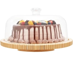 Ohuhu bambukinis torto stovas, 2-in-1 torto lėkštė su dangčiu, besisukantis torto stovas su 3 nuimamais atramomis ir torto gaubtu, akrilinis kepimui, dekoratyvinei šventei, puiki dovana motinos dienai