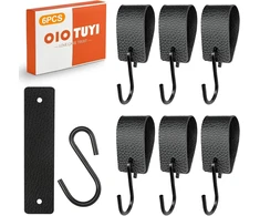 Oiotuyi 6 S formos kabliukų rinkinys juodos spalvos su odine kilpa, 12,5 x 3 cm, kabliukai drabužių kabyklai, kabliukai, paltų kabliukai, universalūs kabliukai virtuvei, vonios kambariui ir stovyklavimui