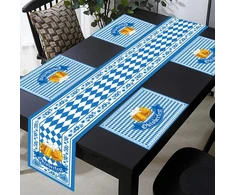 Oktoberfest stalo takelių ir padėkliukų rinkinys, 1 stalo takelis 180 x 30 cm ir 4 padėkliukai 45 x 30 cm, poliesterinis skalbiamas Oktoberfest stalo dekoravimas Oktoberfest vakarėliui, Bavariška dekoracija (mėlynas alus)