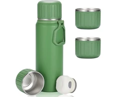 Olerd Termosas, nerūdijančio plieno gertuvė, dovanų rinkinys, 750 ml izoliuotas butelis su 3 puodeliais, nepralaidus vandens butelis kavai, arbatai, išlaiko karštą ir šaltą 6 valandas (žalias)