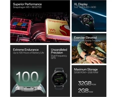 Oneplus Watch 2 su Wear Os 4, Snapdragon W5 mikroschema, iki 100 valandų baterijos veikimo laikas, 1,4 colio Amoled ekranas, nerūdijantis plienas ir safyro kristalas, dvigubo dažnio Gps, 5 Atm, Ip68 ir Bt skambučiai