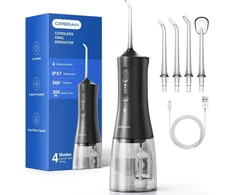 Operan belaidis burnos irigatorius, nešiojamas elektrinis dantų irigatorius, 4 režimai ir 4 antgaliai, 300 ml burnos irigatorius, burnos irigatorius, testo nugalėtojas, pašalina maisto likučius ir valo dantis (juodas, 1 pakuotė)