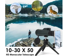 Žiūronai Optinis priartinimo monokuliarinis teleskopas 10-30 x 50, hd monokuliarinis teleskopas atsparus vandeniui su išmaniojo telefono laikikliu ir metaliniu trikoju fmc bak4 prizmė, skirtas stovyklavimui, paukščių stebėjimui, kelionėms