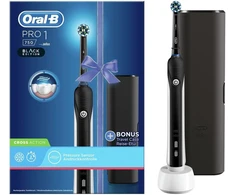 Oral-b Pro 1 750 Juodas Edition elektrinis dantų šepetėlis kruopščiam dantų valymui, 1 valymo programa, spaudimo jutiklis, laikmatis ir kelioninis dėklas, 1 Crossaction šepetėlio galvutė, juodas