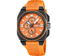 Orange Lotus vyriškas laikrodis 18976/6 Chrono Juodas Carbon Fibre Case Oranžinis Silicone Strap, oranžinis, apyrankė