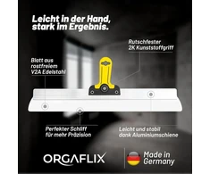 Orgaflix profesionali paviršiaus mentelė 600 mm (60 cm) su užapvalintais kampais gipso kartonui, nerūdijančio plieno ašmenys, 2k minkšta rankena, mentelės įrankis, lengvas aliuminis, plati mentelė, sienų mentelė - pagaminta