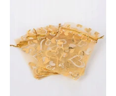 Organzos dovanų maišelis, širdelė, permatomas, auksinis, 12x10cm, 20vnt.