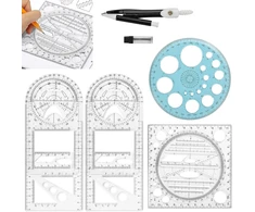 Ottymo geometrijos rinkinys su skriestuvu, plastikine liniuote, apskritimo trafaretas, daugiafunkcinis kvadratinis apskritas geometrinis liniuotės skriestuvo rinkinys, skaidrus liniuočių rinkinys studentams
